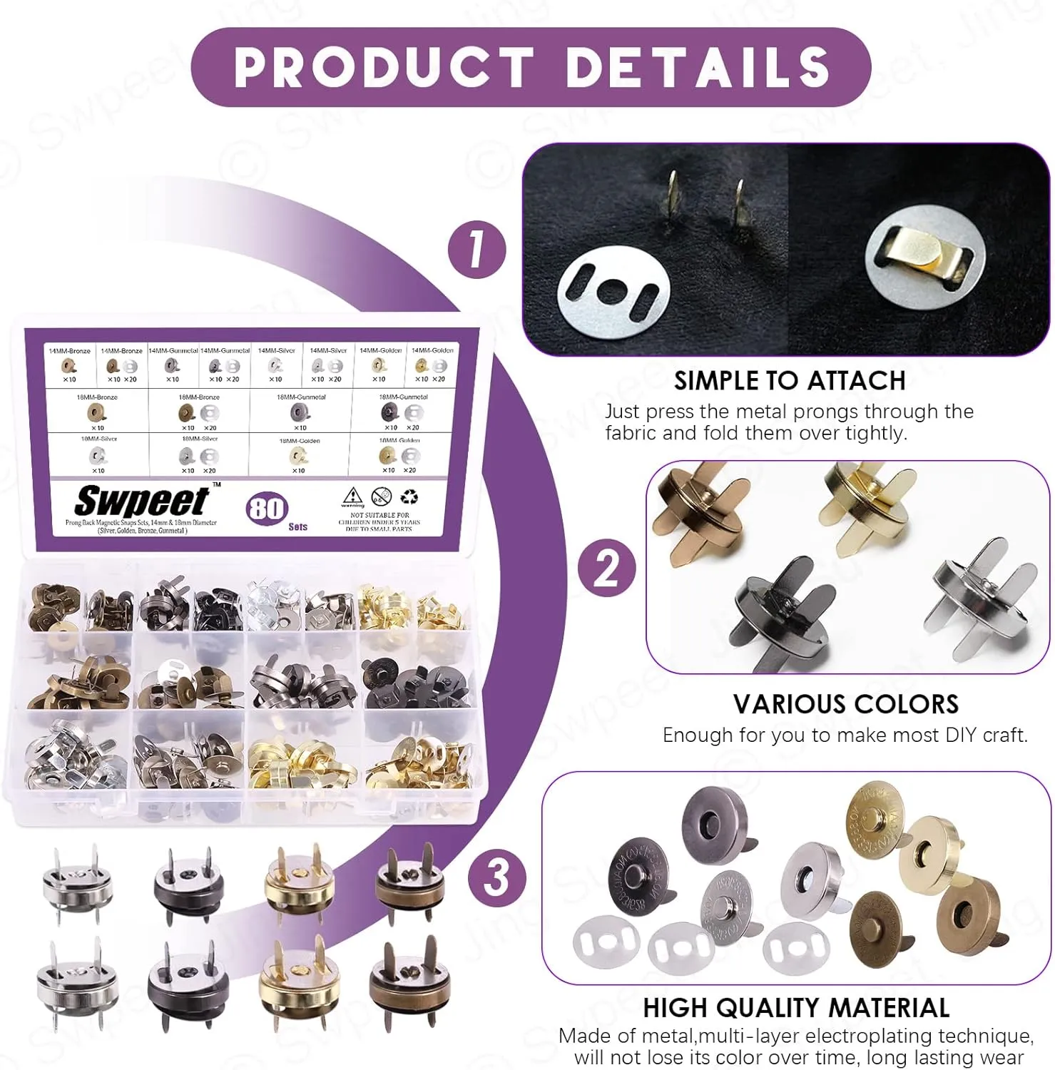 Swpeet 80 Sets Magnetic Button Clasps Snaps, 14/18MM Metal Fastener Clasps Gold Silver Bronze Black DIY Craft Sewing Knitting Buttons Sets for Sewing, Purses, Bags, Clothes, Leather,Silver Color