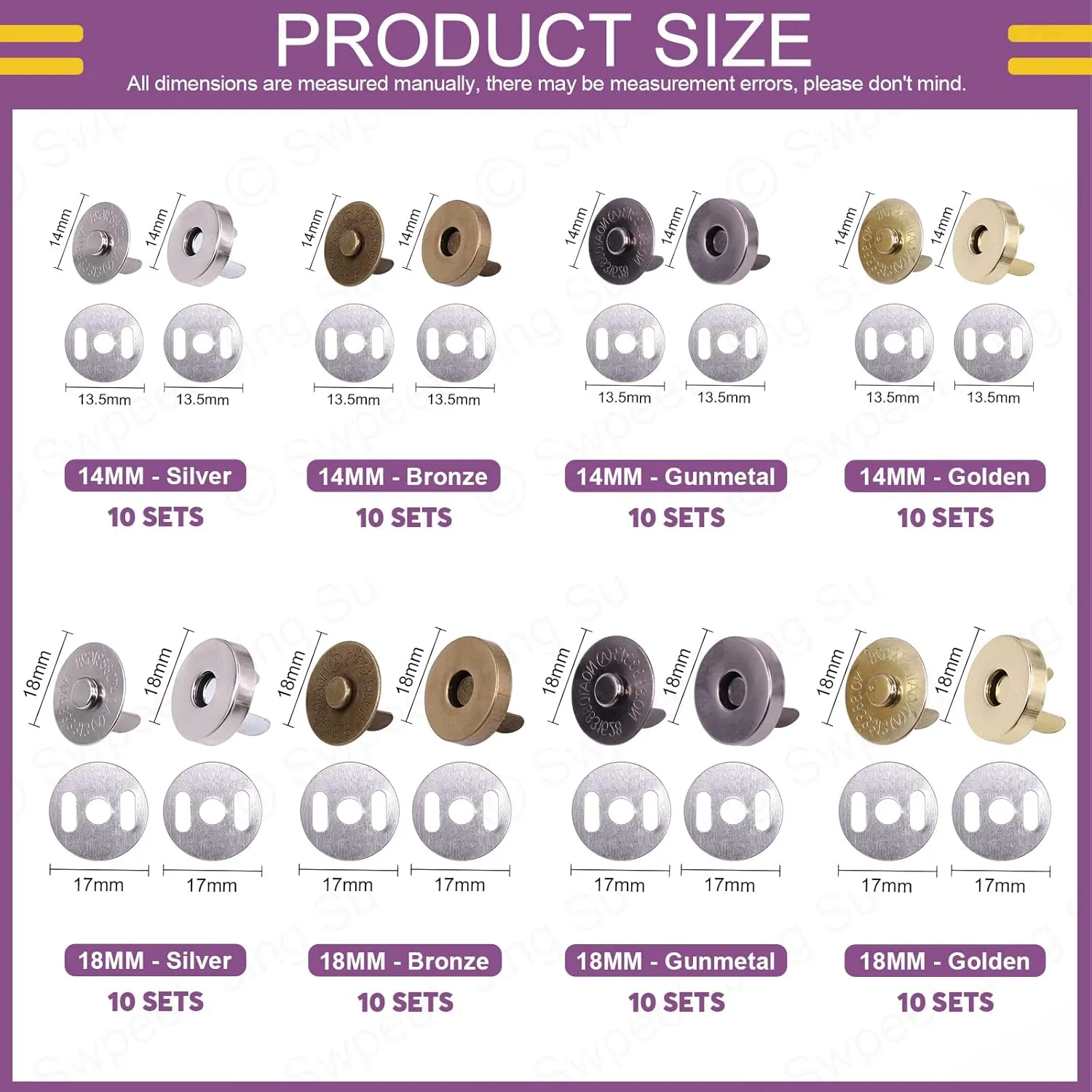 Swpeet 80 Sets Magnetic Button Clasps Snaps, 14/18MM Metal Fastener Clasps Gold Silver Bronze Black DIY Craft Sewing Knitting Buttons Sets for Sewing, Purses, Bags, Clothes, Leather,Silver Color