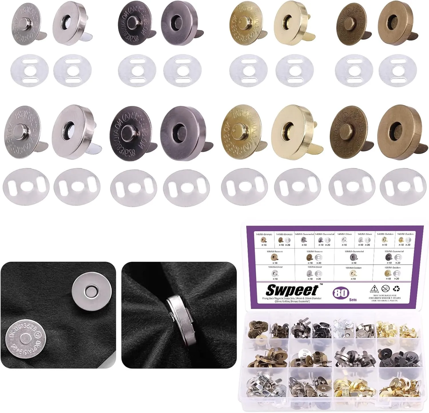 Swpeet 80 Sets Magnetic Button Clasps Snaps, 14/18MM Metal Fastener Clasps Gold Silver Bronze Black DIY Craft Sewing Knitting Buttons Sets for Sewing, Purses, Bags, Clothes, Leather,Silver Color