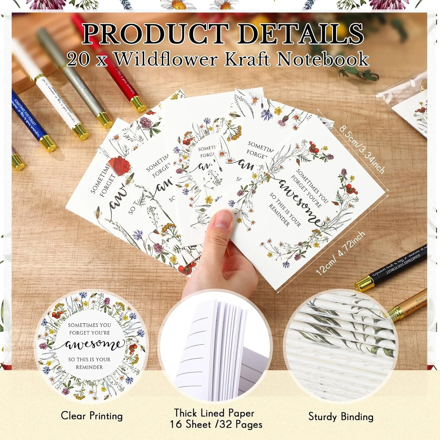 TecUnite 20 Sets Mother's Day Gifts for Women Bulk Wildflower Notebook Sometimes You Forget Your Awesome Teacher Inspirational Ballpoint Pen Bags for Coworker CNA Nurse Graduation Volunteer