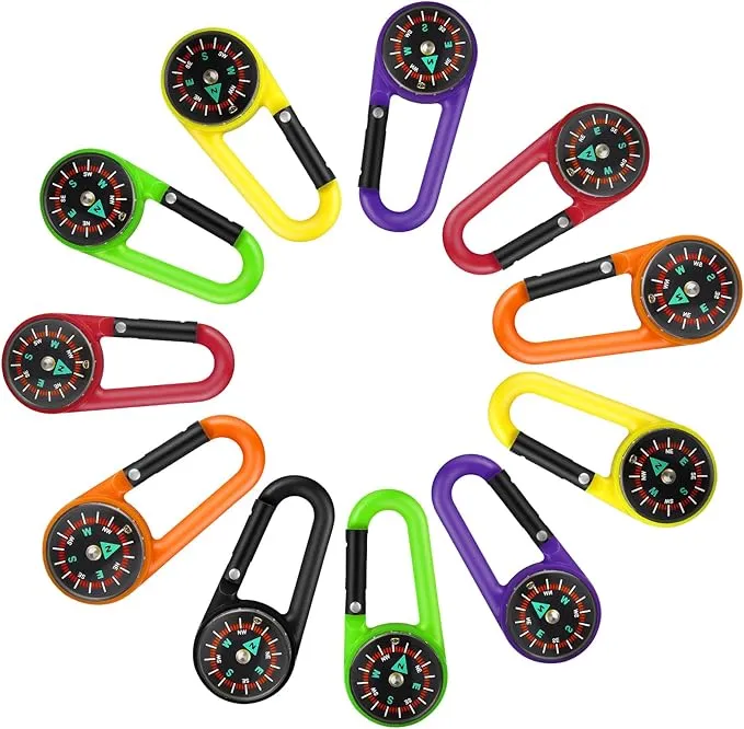 Tofficu 24 Pcs Compass Keychain for Kids, Mini Clip-on Self Locking Compass Hiking, Carabiner Compass for Kids, Outdoor, Hiking, Camping