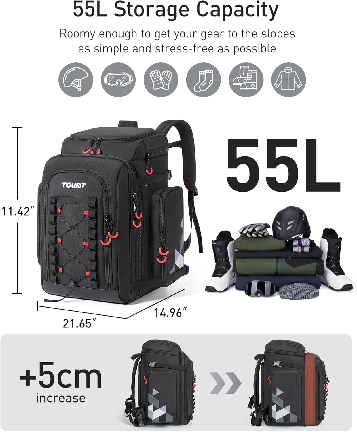 TOURIT 60L Expandable Ski Boot Backpack for Helmet & Snowboard Accessories, Waterproof Unisex Ski Gear Bag