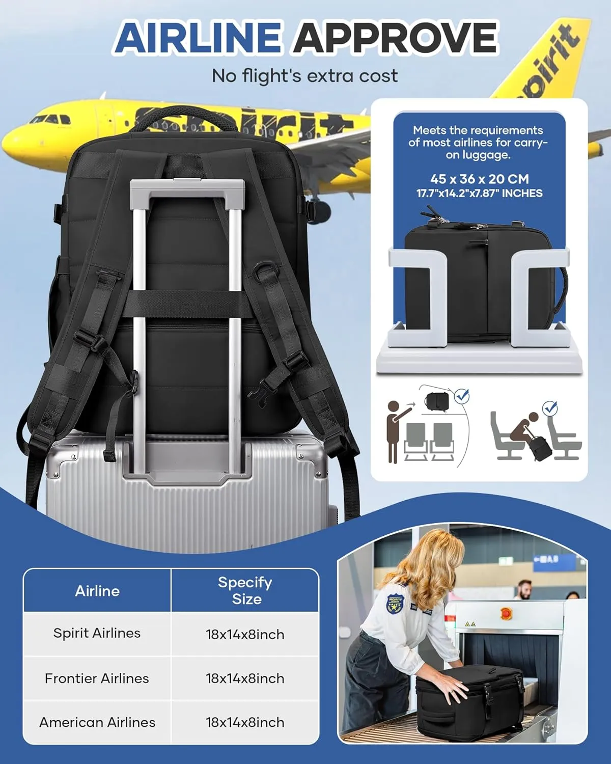 Travel Airback Backpack with Vacuum Compression, Waterproof Travel Backpacks with Air Pump, Large 18×14×8 inch Personal Item Bag United Airlines Approved, Vacuum Seal Backpack, Black