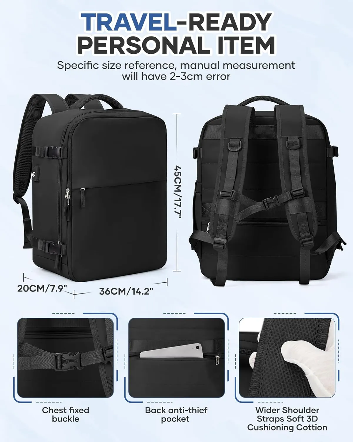 Travel Airback Backpack with Vacuum Compression, Waterproof Travel Backpacks with Air Pump, Large 18×14×8 inch Personal Item Bag United Airlines Approved, Vacuum Seal Backpack, Black