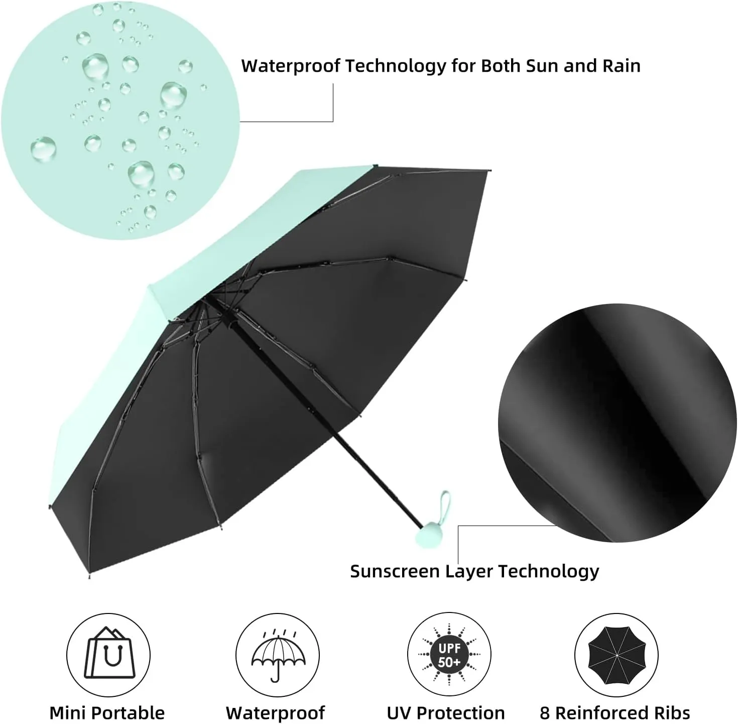 Travel Mini Folding Compact Umbrella with Case, 8 Ribs Lightweight Portable, Small Sun & Rain Pocket Umbrella for Girls and Women