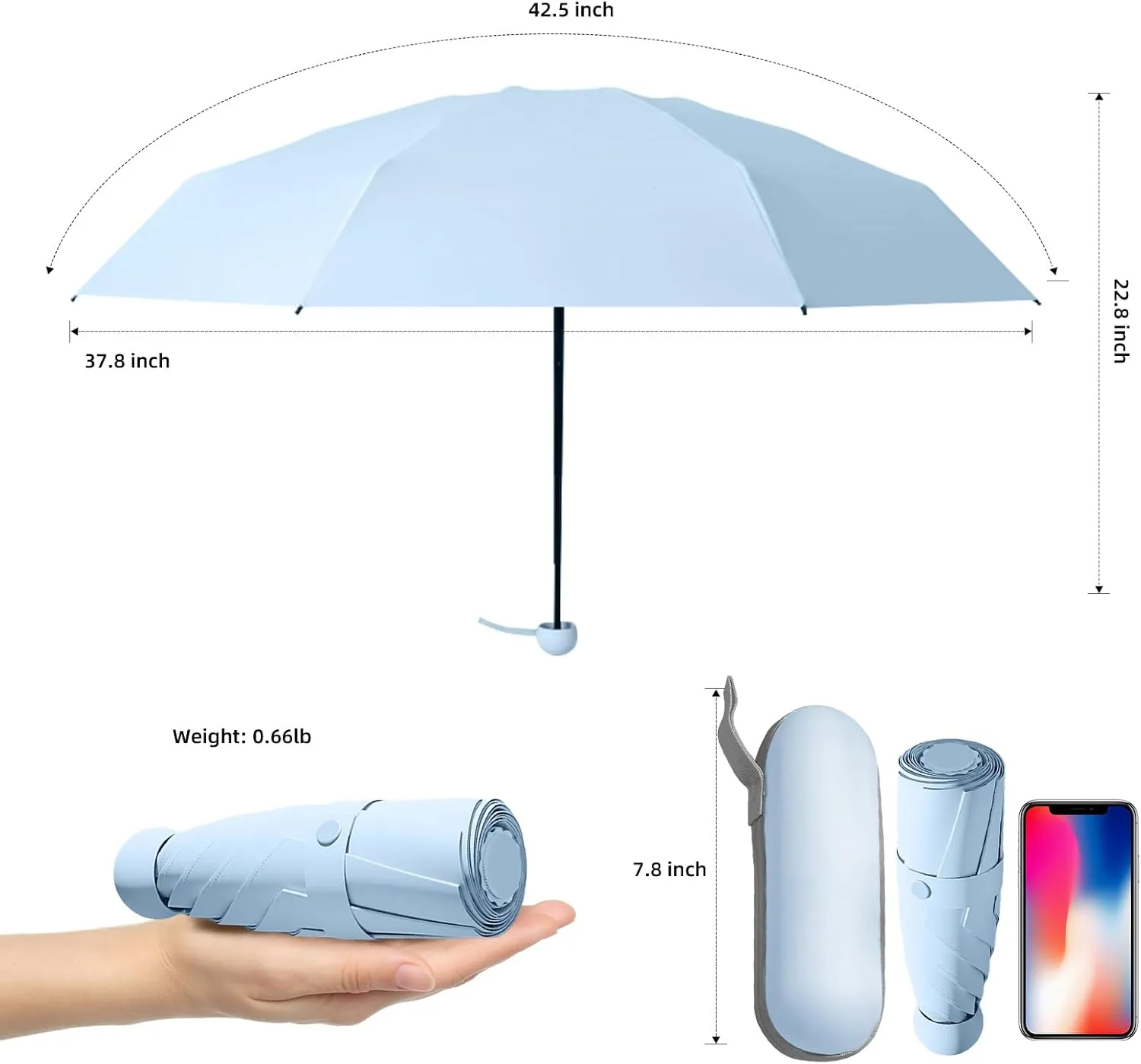 Travel Mini Folding Compact Umbrella with Case, 8 Ribs Lightweight Portable, Small Sun & Rain Pocket Umbrella for Girls and Women