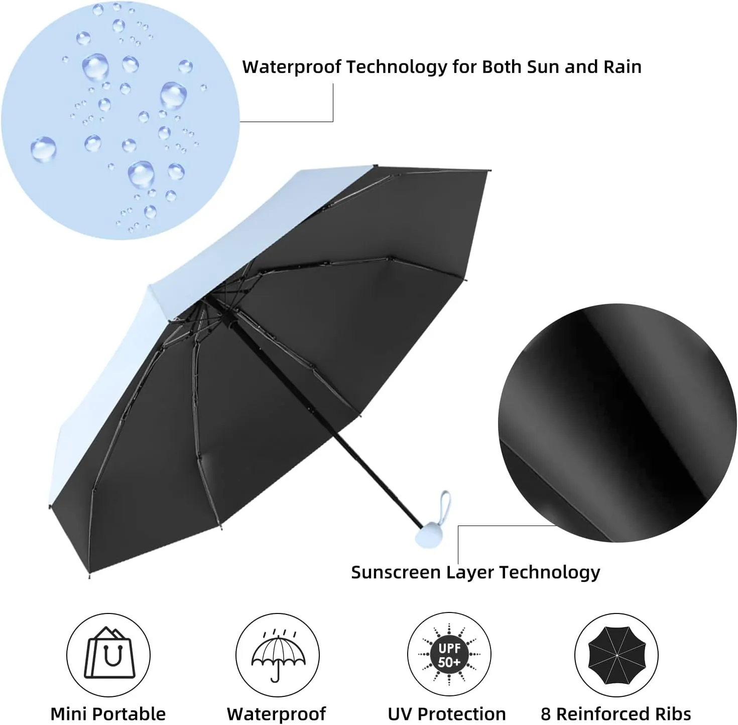 Travel Mini Folding Compact Umbrella with Case, 8 Ribs Lightweight Portable, Small Sun & Rain Pocket Umbrella for Girls and Women