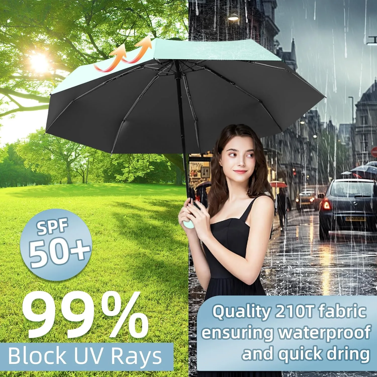 Travel Mini Folding Compact Umbrella with Case, 8 Ribs Lightweight Portable, Small Sun & Rain Pocket Umbrella for Girls and Women
