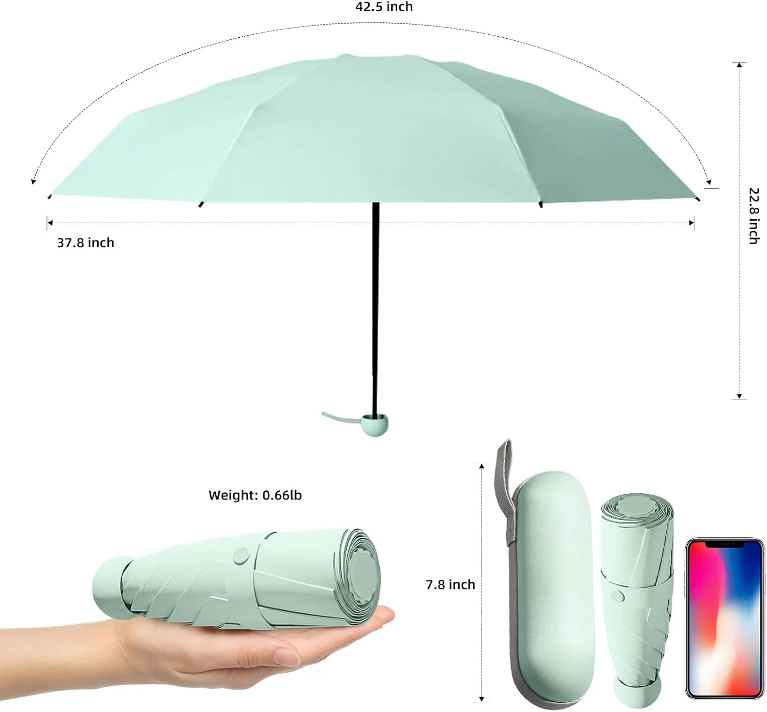 Travel Mini Folding Compact Umbrella with Case, 8 Ribs Lightweight Portable, Small Sun & Rain Pocket Umbrella for Girls and Women