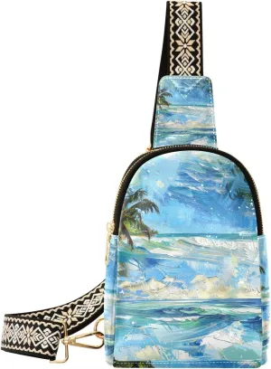 Trendy Summer Beach Blue Sea Beautiful Sunshine Green Coconut Trees Wave Surfing crossbody sling bag multipurpose sling bag for women for day pack