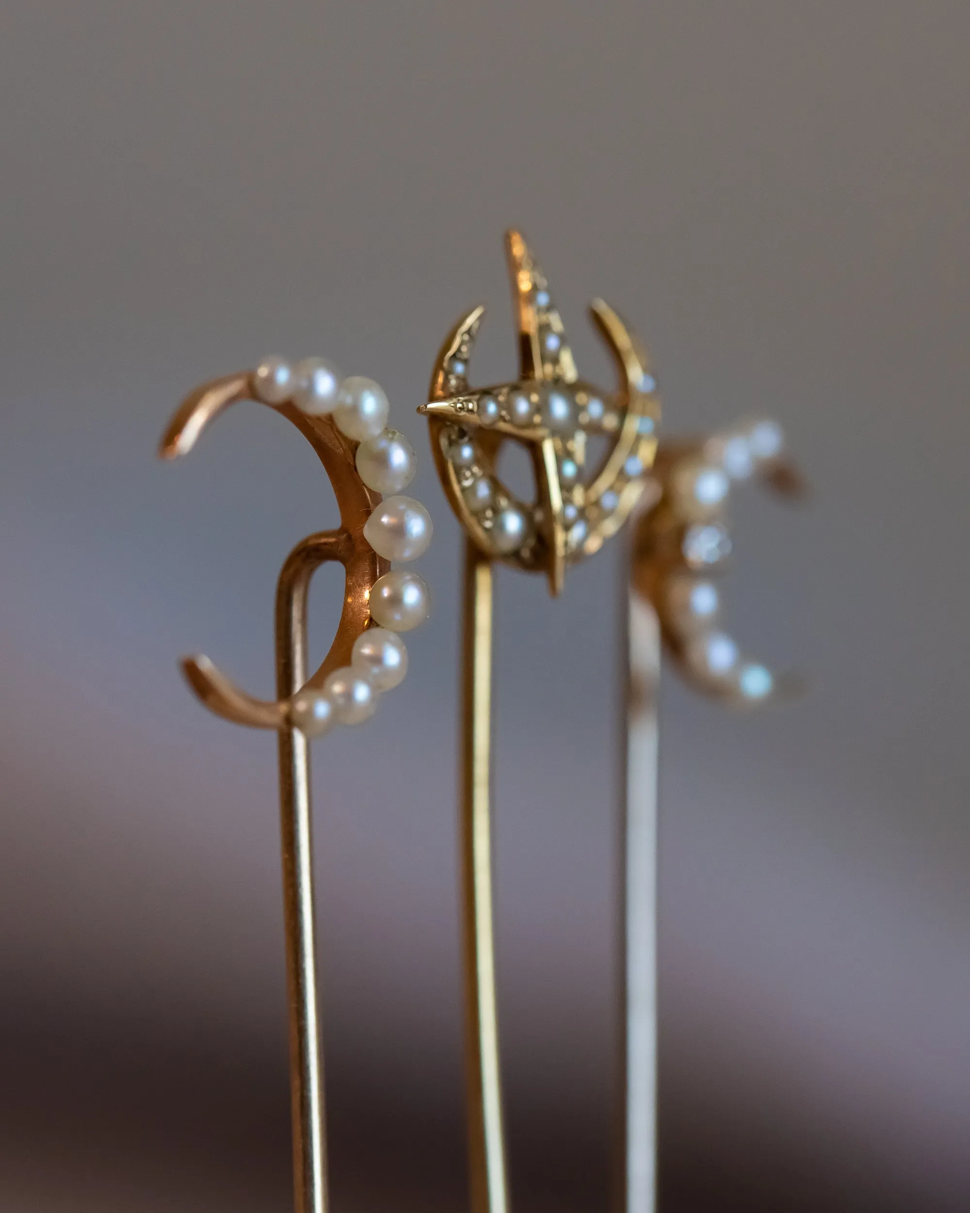Trio of Antique 10k, 14k, Platinum 1.17 CTW Diamond & Pearl Celestial Stick Pins