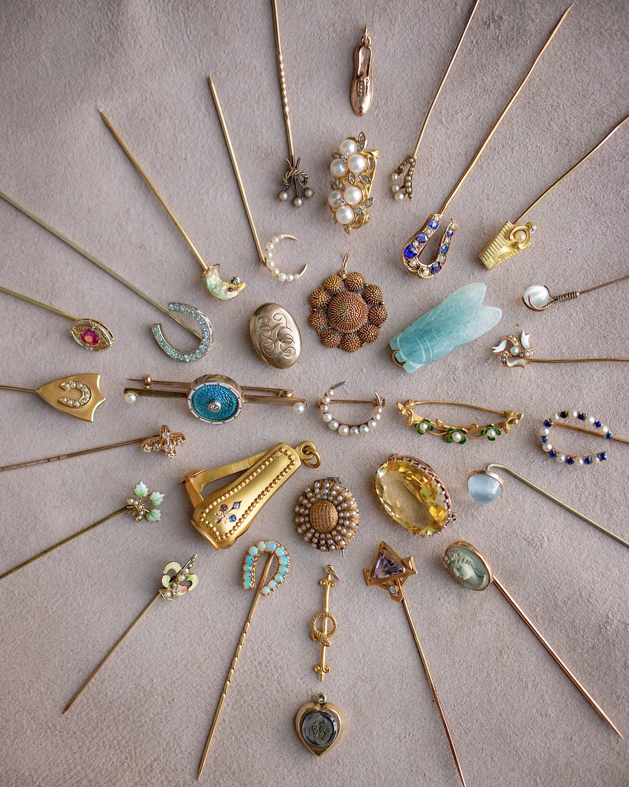 Trio of Antique 10k, 14k, Platinum 1.17 CTW Diamond & Pearl Celestial Stick Pins