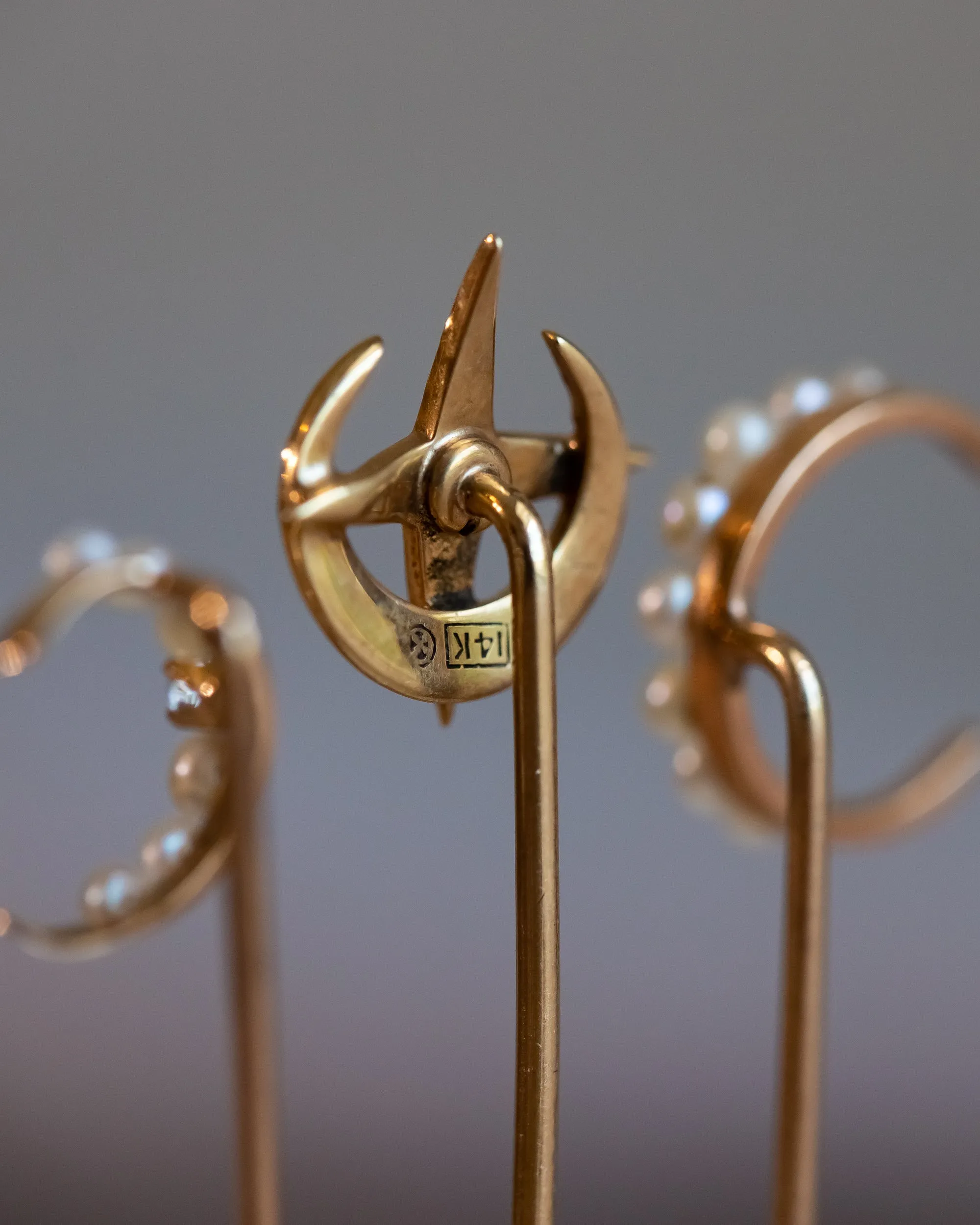 Trio of Antique 10k, 14k, Platinum 1.17 CTW Diamond & Pearl Celestial Stick Pins