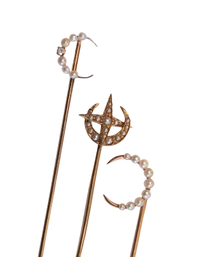 Trio of Antique 10k, 14k, Platinum 1.17 CTW Diamond & Pearl Celestial Stick Pins