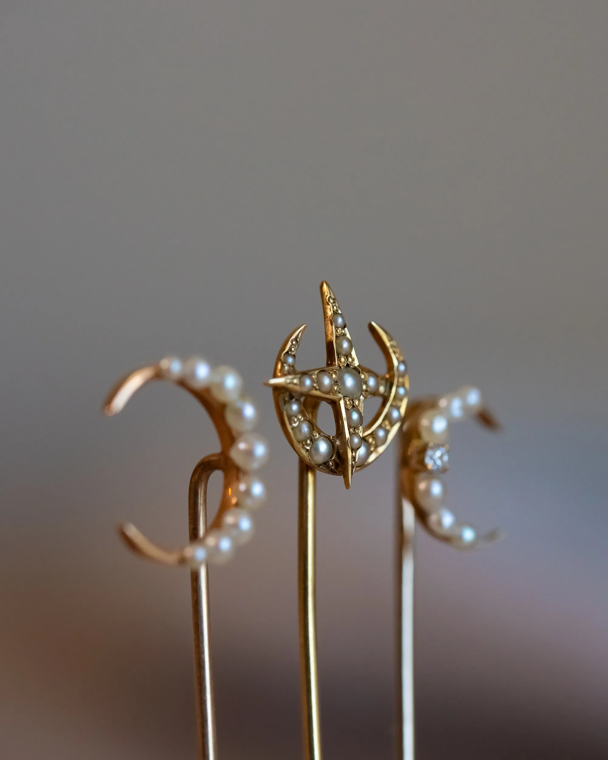 Trio of Antique 10k, 14k, Platinum 1.17 CTW Diamond & Pearl Celestial Stick Pins