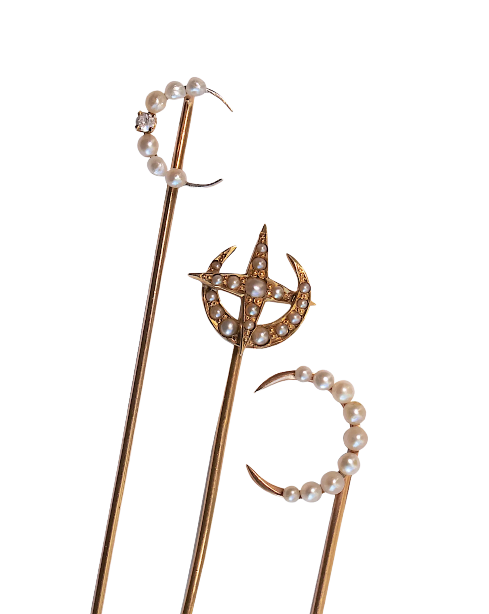 Trio of Antique 10k, 14k, Platinum 1.17 CTW Diamond & Pearl Celestial Stick Pins
