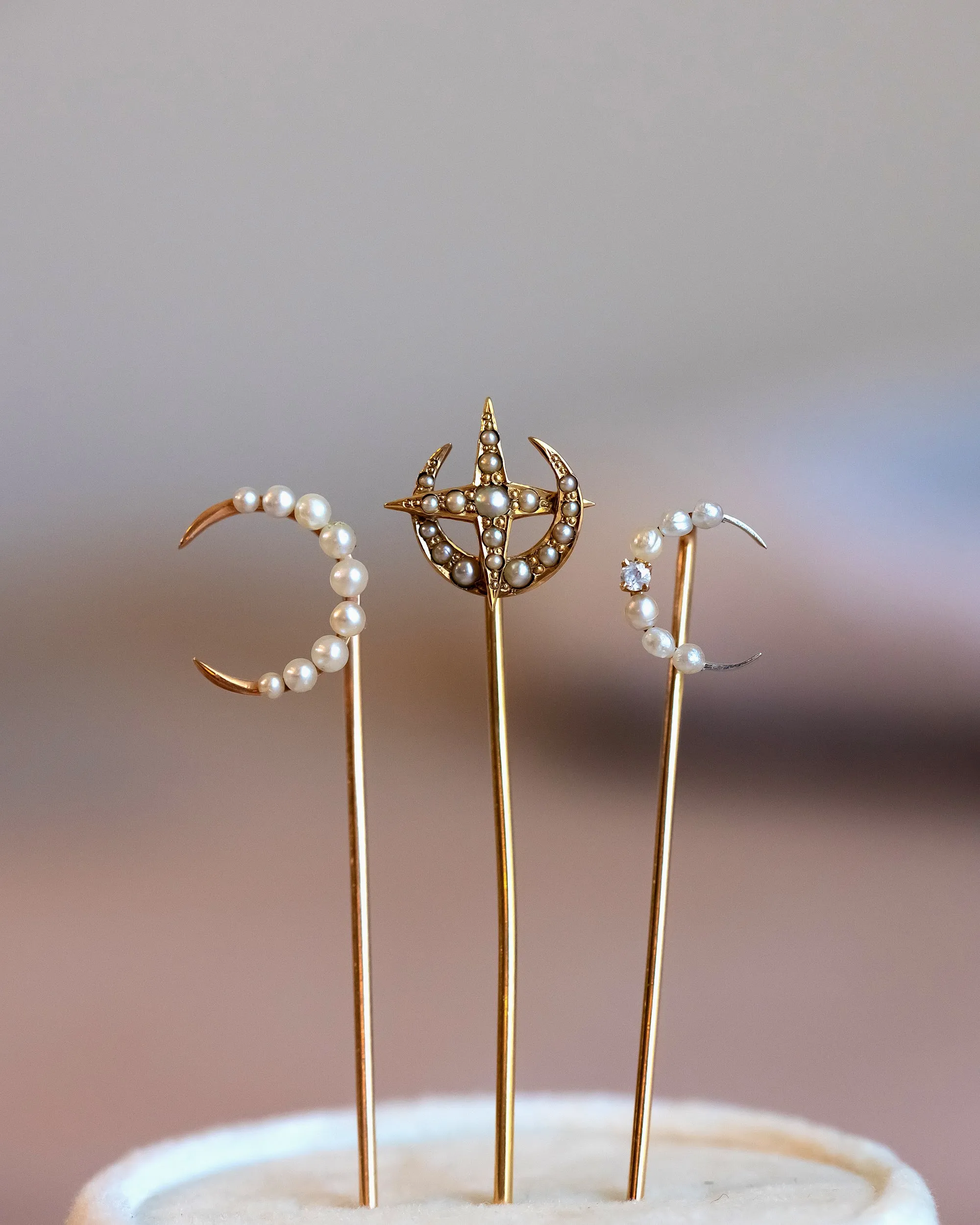 Trio of Antique 10k, 14k, Platinum 1.17 CTW Diamond & Pearl Celestial Stick Pins