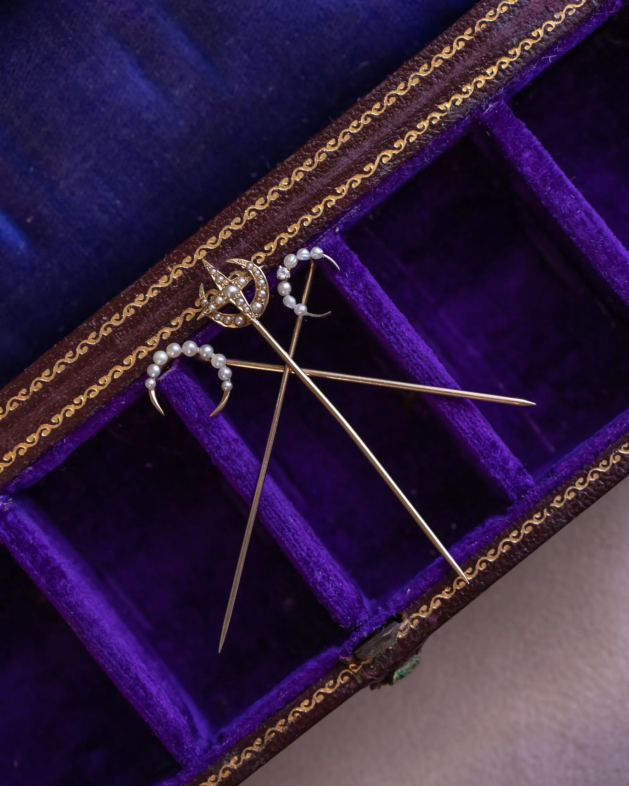 Trio of Antique 10k, 14k, Platinum 1.17 CTW Diamond & Pearl Celestial Stick Pins