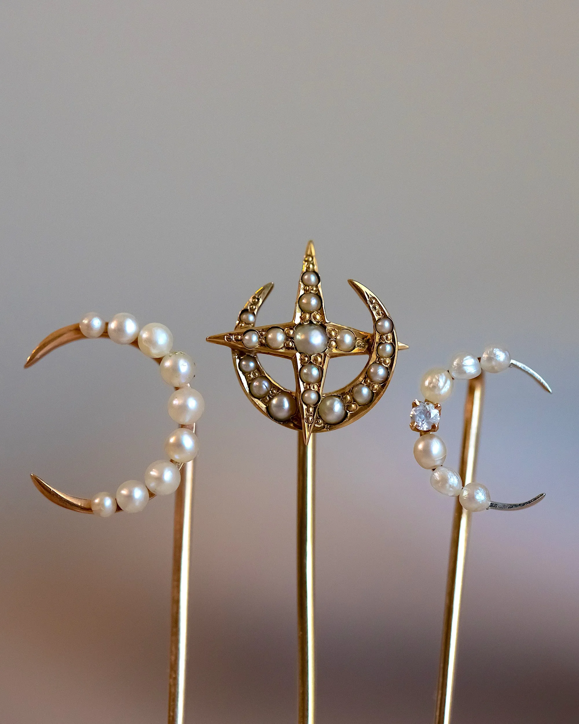 Trio of Antique 10k, 14k, Platinum 1.17 CTW Diamond & Pearl Celestial Stick Pins