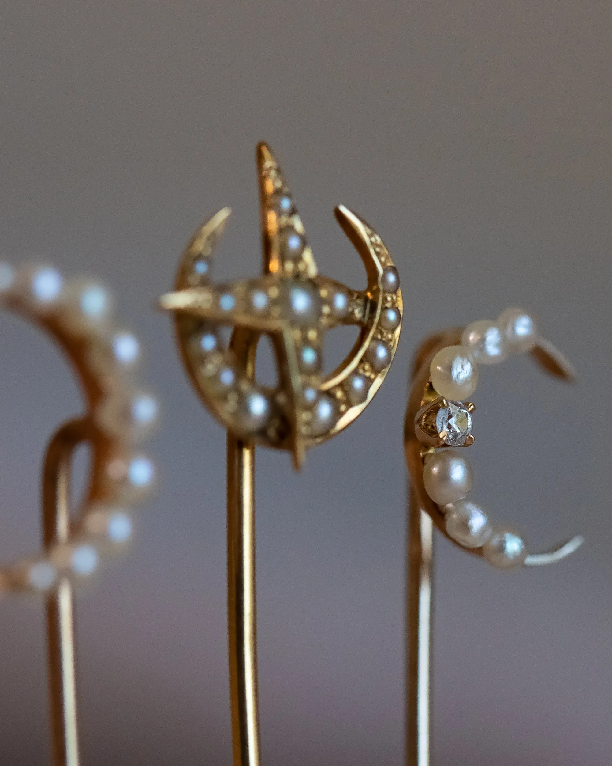 Trio of Antique 10k, 14k, Platinum 1.17 CTW Diamond & Pearl Celestial Stick Pins