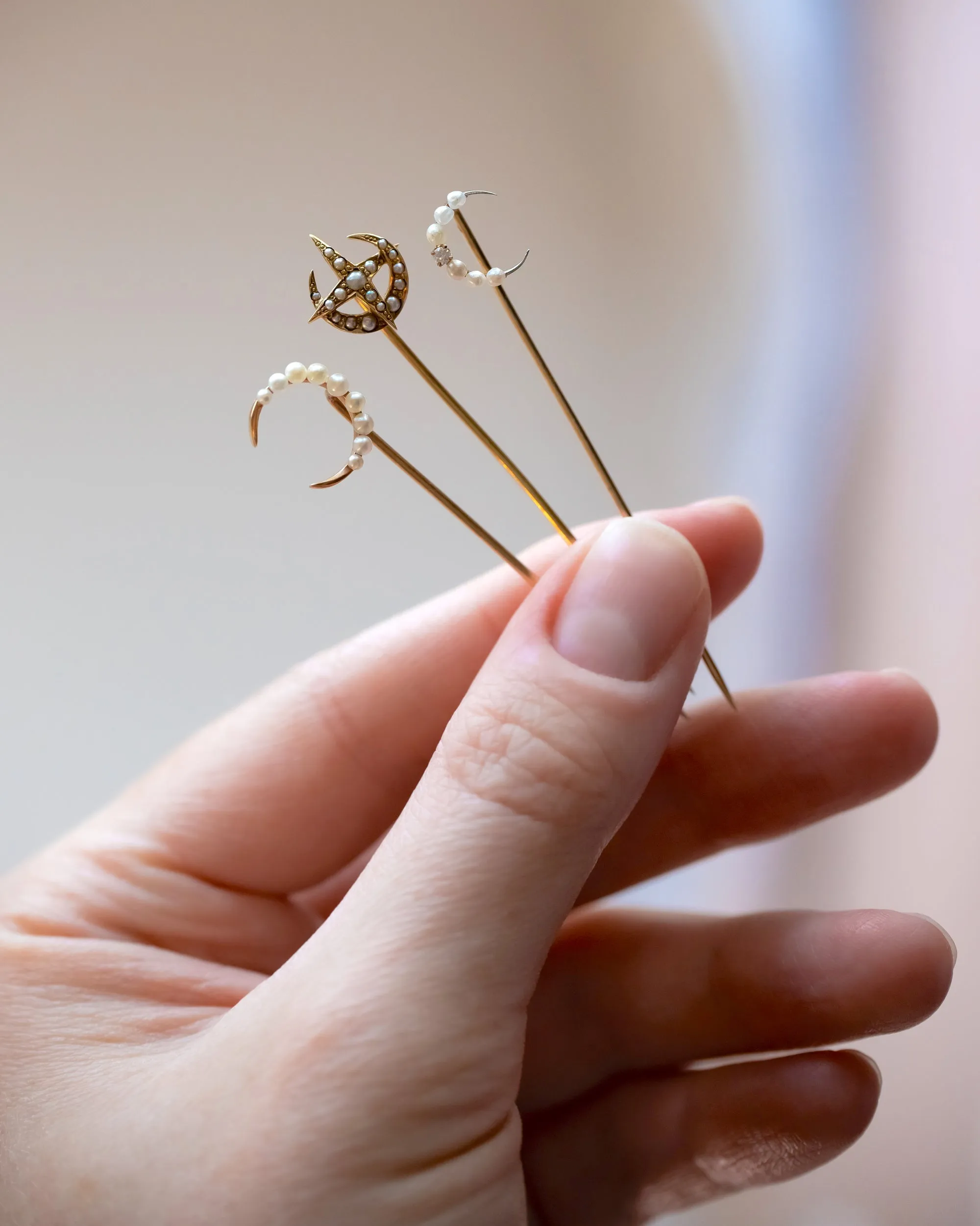 Trio of Antique 10k, 14k, Platinum 1.17 CTW Diamond & Pearl Celestial Stick Pins