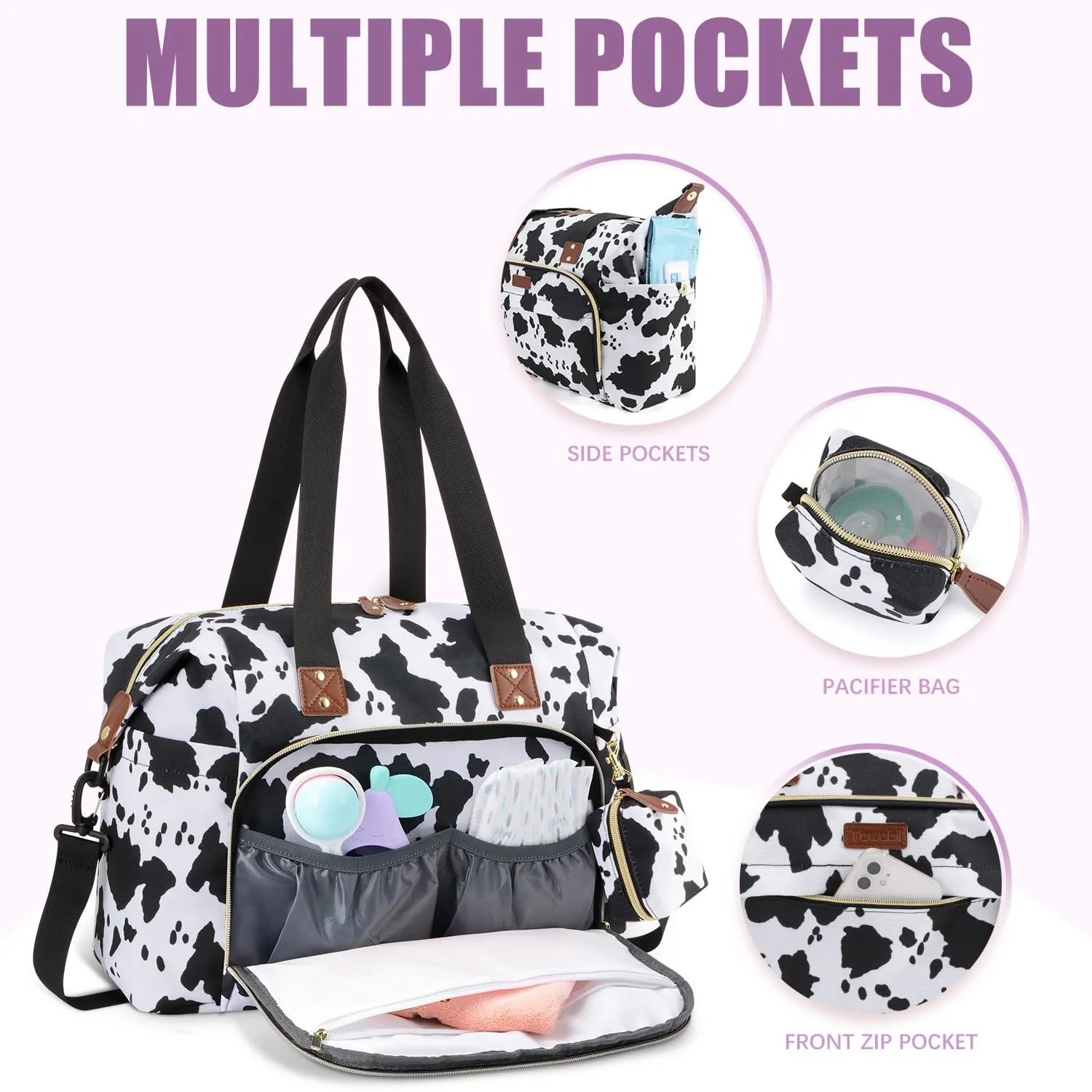 Tuwubi Diaper Bag Tote,Baby Diaper Bag with Pacifier Case Large Travel Diaper Tote Caddy for Mom and Dad Multifunction Large Baby Bag - M-Cow Print