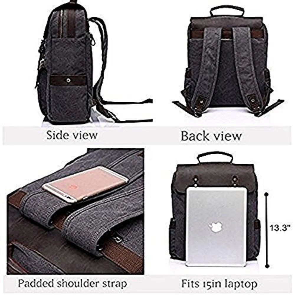 TUZECH Leather Laptop Backpack Casual Canvas Campus School Rucksack with Laptop Compartment (15 Inch, Gray)
