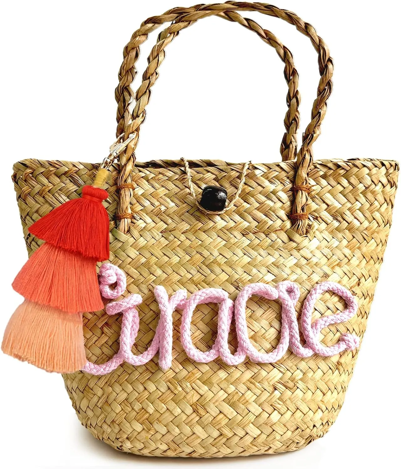 ubjva Custom Straw Tote Bag Personalized Mini Basket Bag with Woven Name Beach Bag for Wedding Bridal Shower Easter