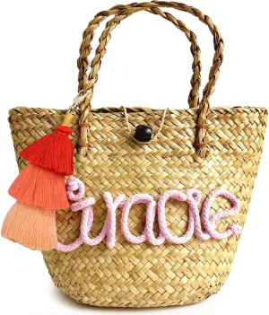 ubjva Custom Straw Tote Bag Personalized Mini Basket Bag with Woven Name Beach Bag for Wedding Bridal Shower Easter