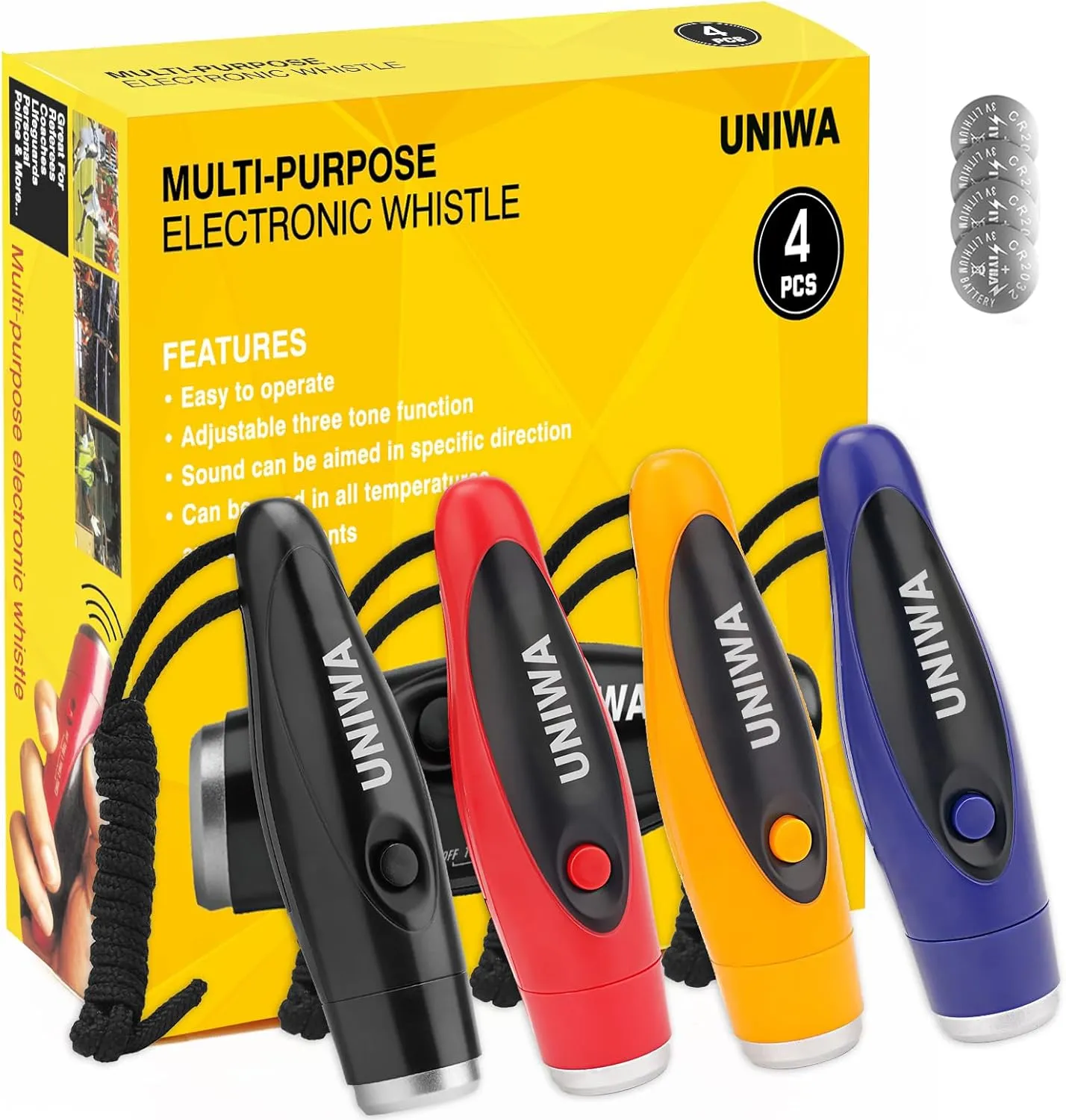 UNIWA Electronic Whistle, 4 Pack Handheld Electronic Whistles Electric Whistle with Lanyard Three Tone Distinct High Volume Outdoor Sport Whistle for Coaches, Referees, P.E. Teacher