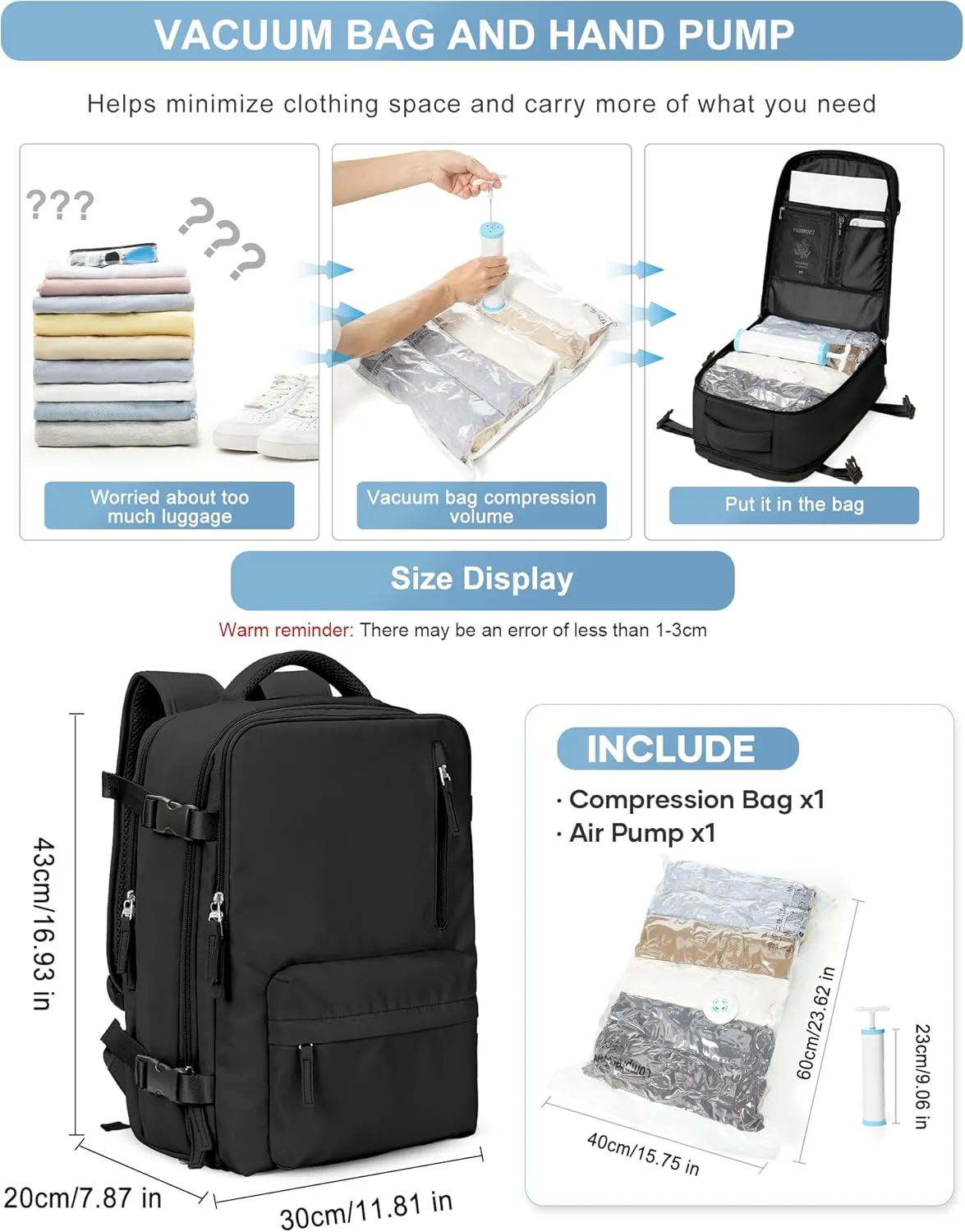 VGCUB Large Travel Backpack with Vacuum System Carry on Personal Item Storage Compression Seal Bags for Clothing with Pump Work Business Vacpack Airback Laptop Backpack for Women Men Black