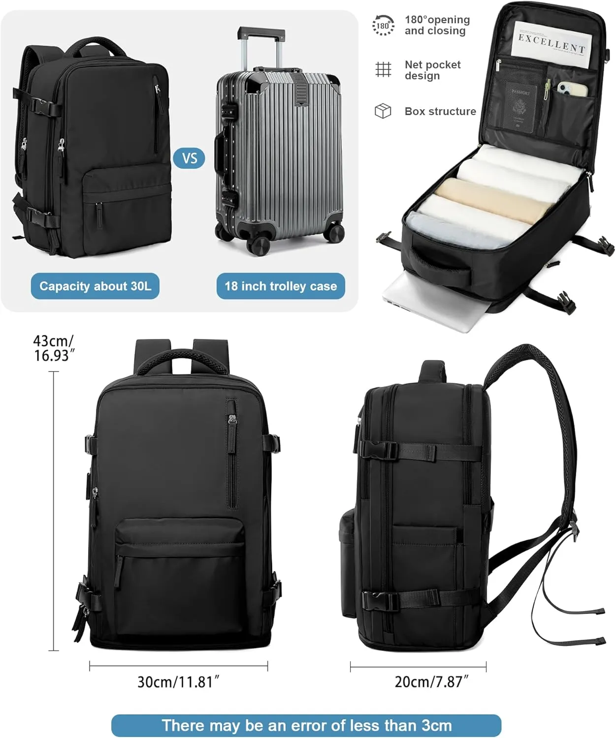 VGCUB Large Travel Backpack with Vacuum System Carry on Personal Item Storage Compression Seal Bags for Clothing with Pump Work Business Vacpack Airback Laptop Backpack for Women Men Black