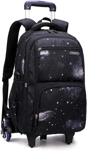 VIDOSCLA Elementary Galaxy Teens Rolling Backpack Kids Boys Luggage with Wheels Trolly BookBag for School-6 Wheels