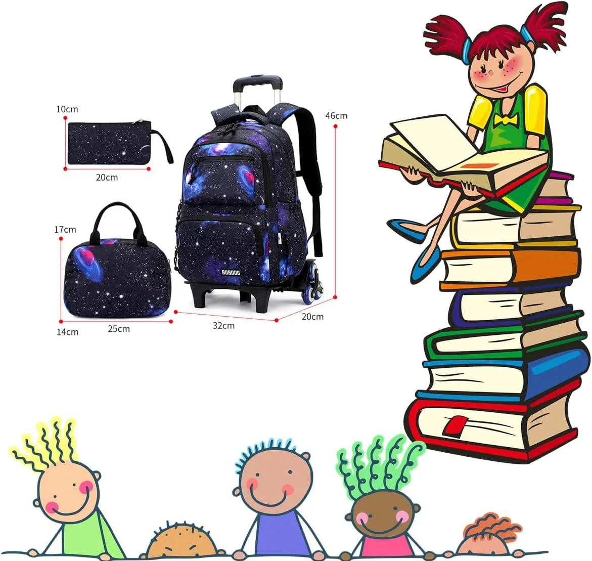 VIDOSCLA Galaxy Kids Rolling Backpack for Boys Primary Students Wheeled Bookbags for School