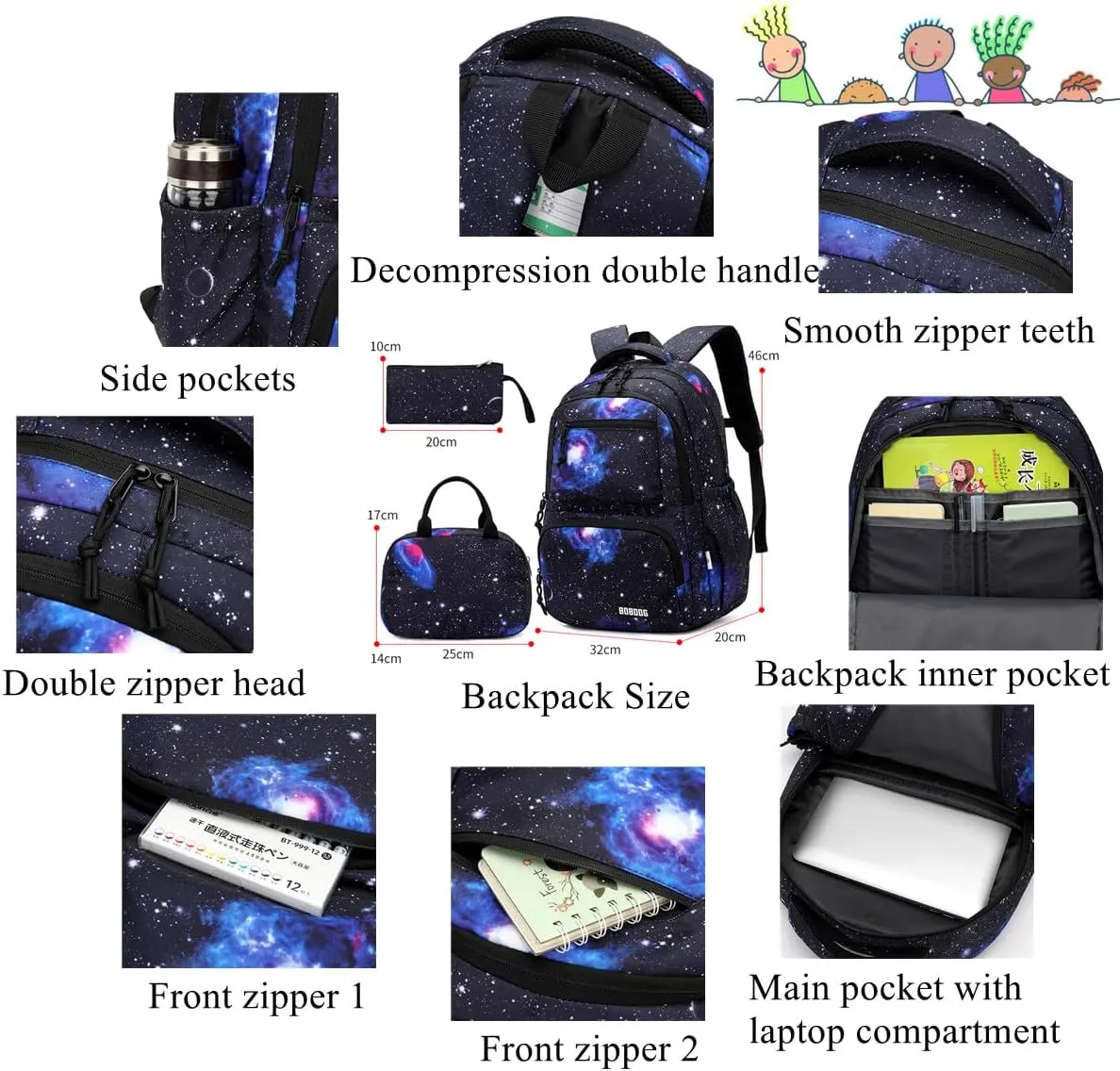 VIDOSCLA Galaxy Kids Rolling Backpack for Boys Primary Students Wheeled Bookbags for School