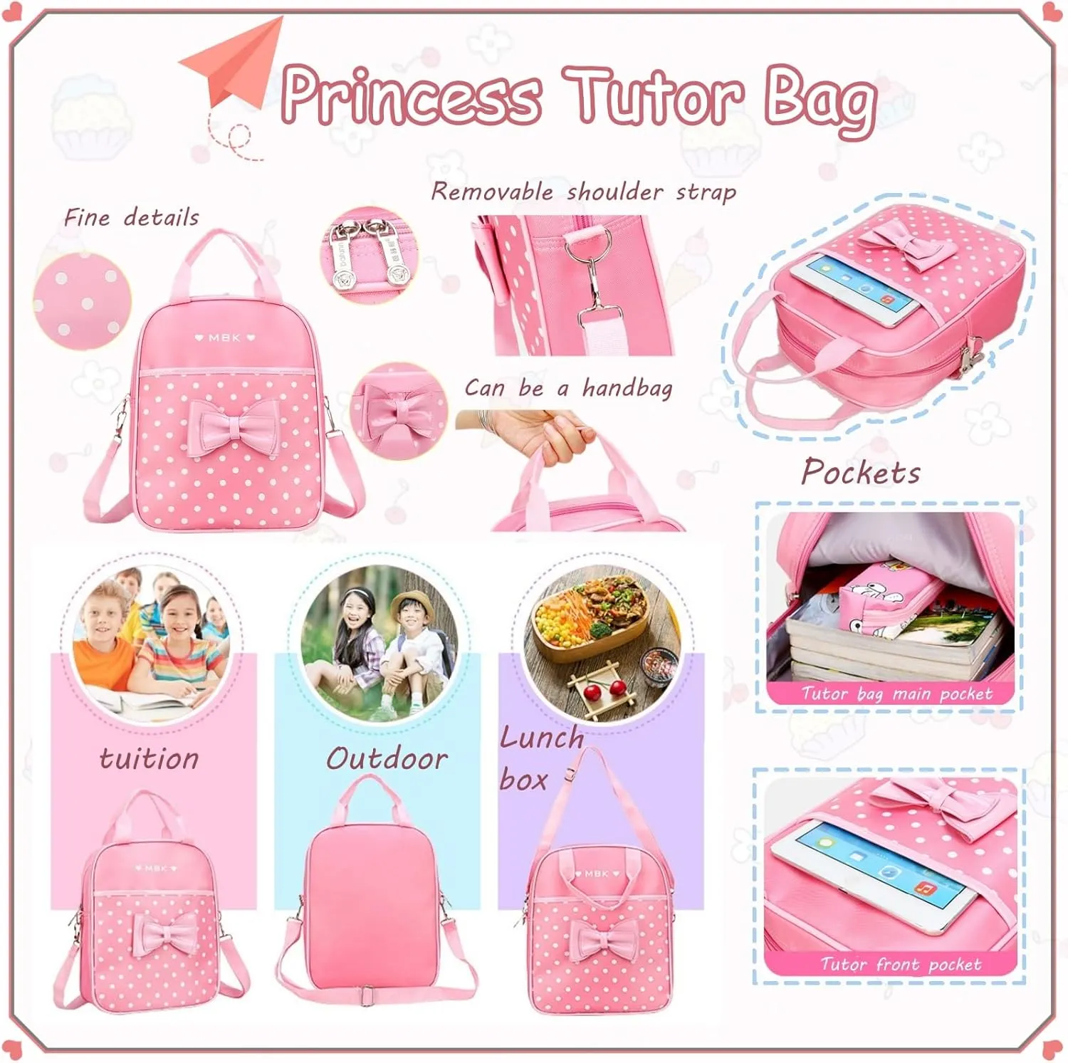 VIDOSCLA School Bags for Girls Cute Bowknot Students Backpack Elementary Princess Bookbag for School