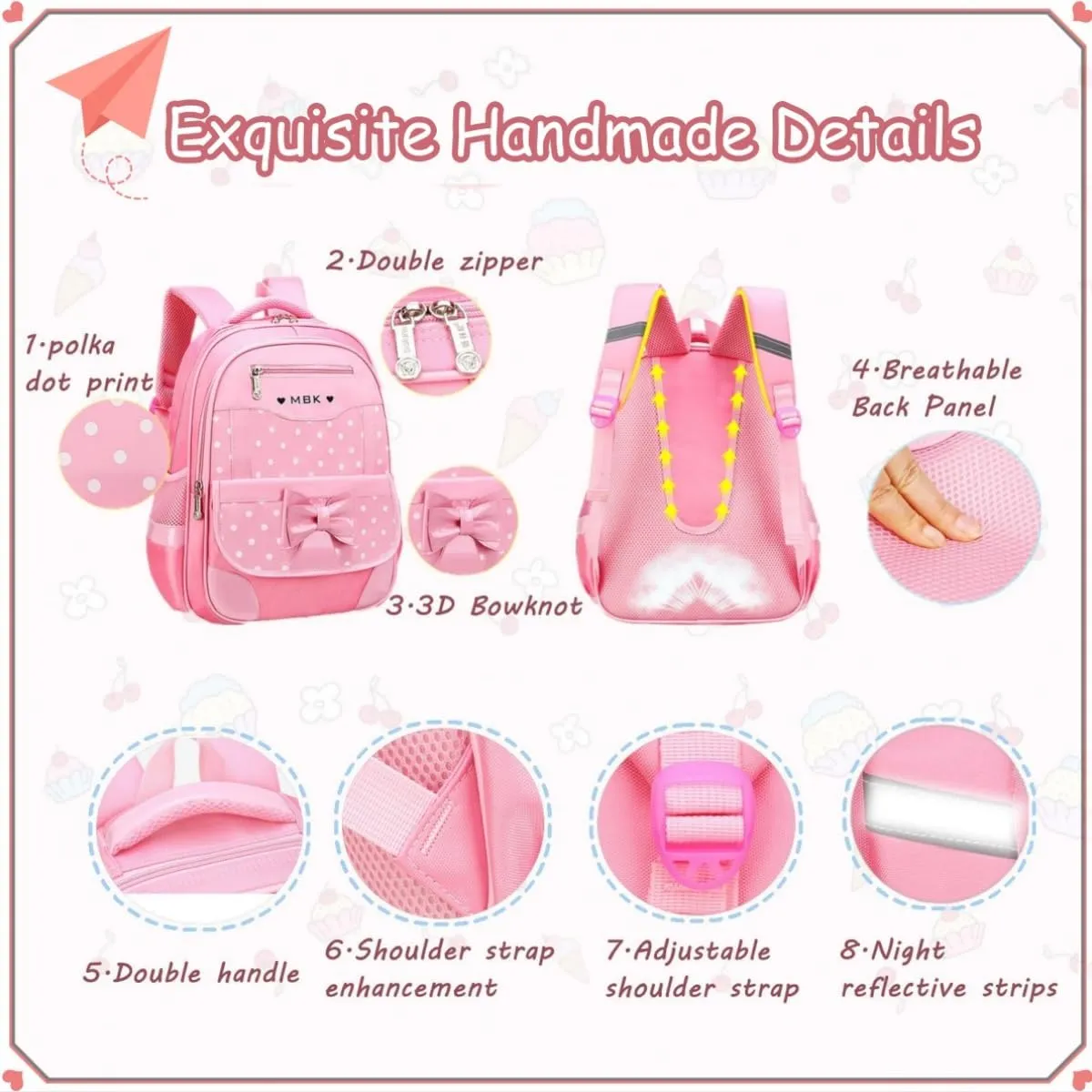 VIDOSCLA School Bags for Girls Cute Bowknot Students Backpack Elementary Princess Bookbag for School