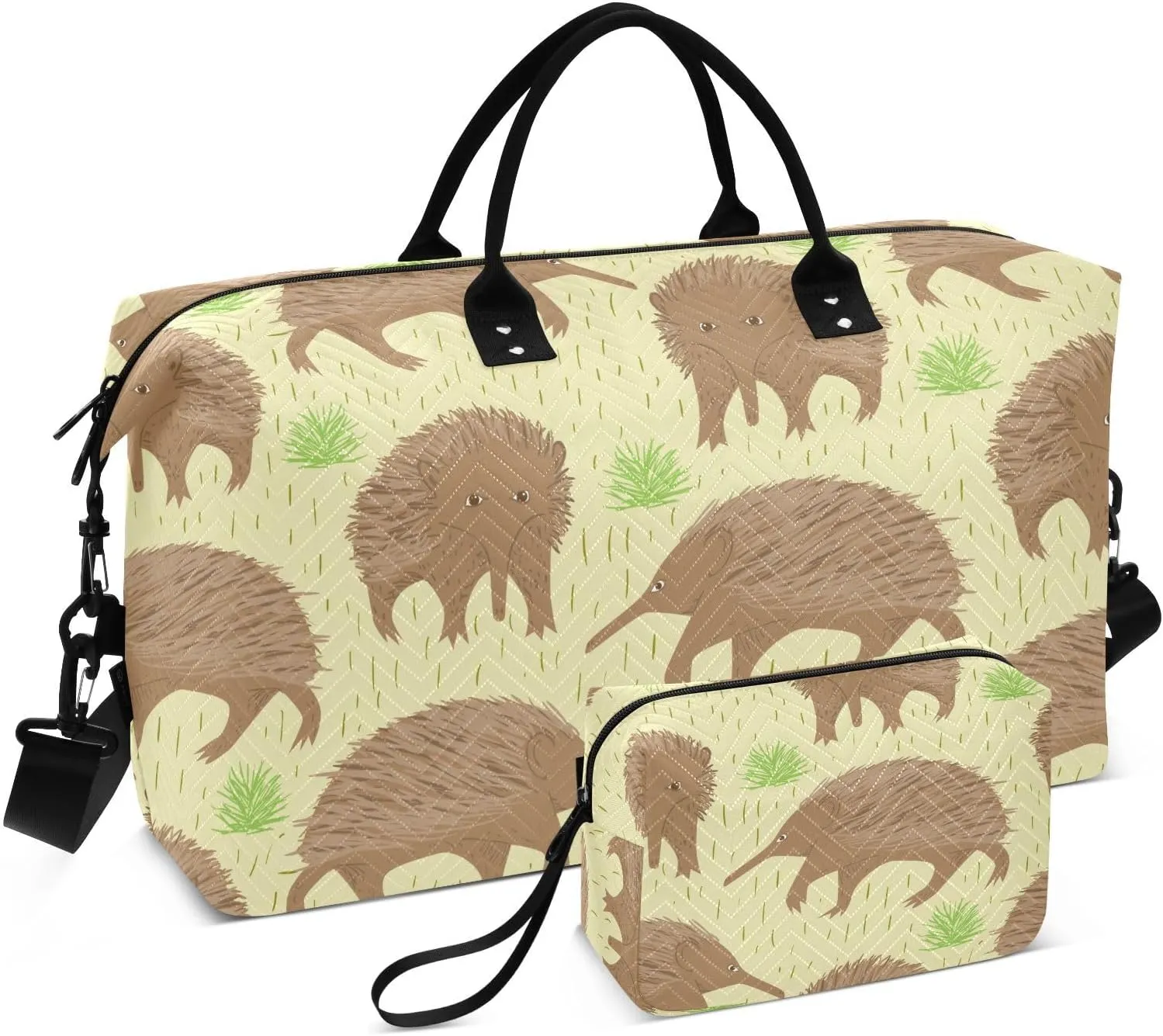 VIGTRO Travel Duffel Bag Weekender Overnight Bag with Toiletry Bag Australian Echidna Cartoon Printed, Carry On Luggage Bag for Hospital Gym Travel Business, 2 Pcs Set