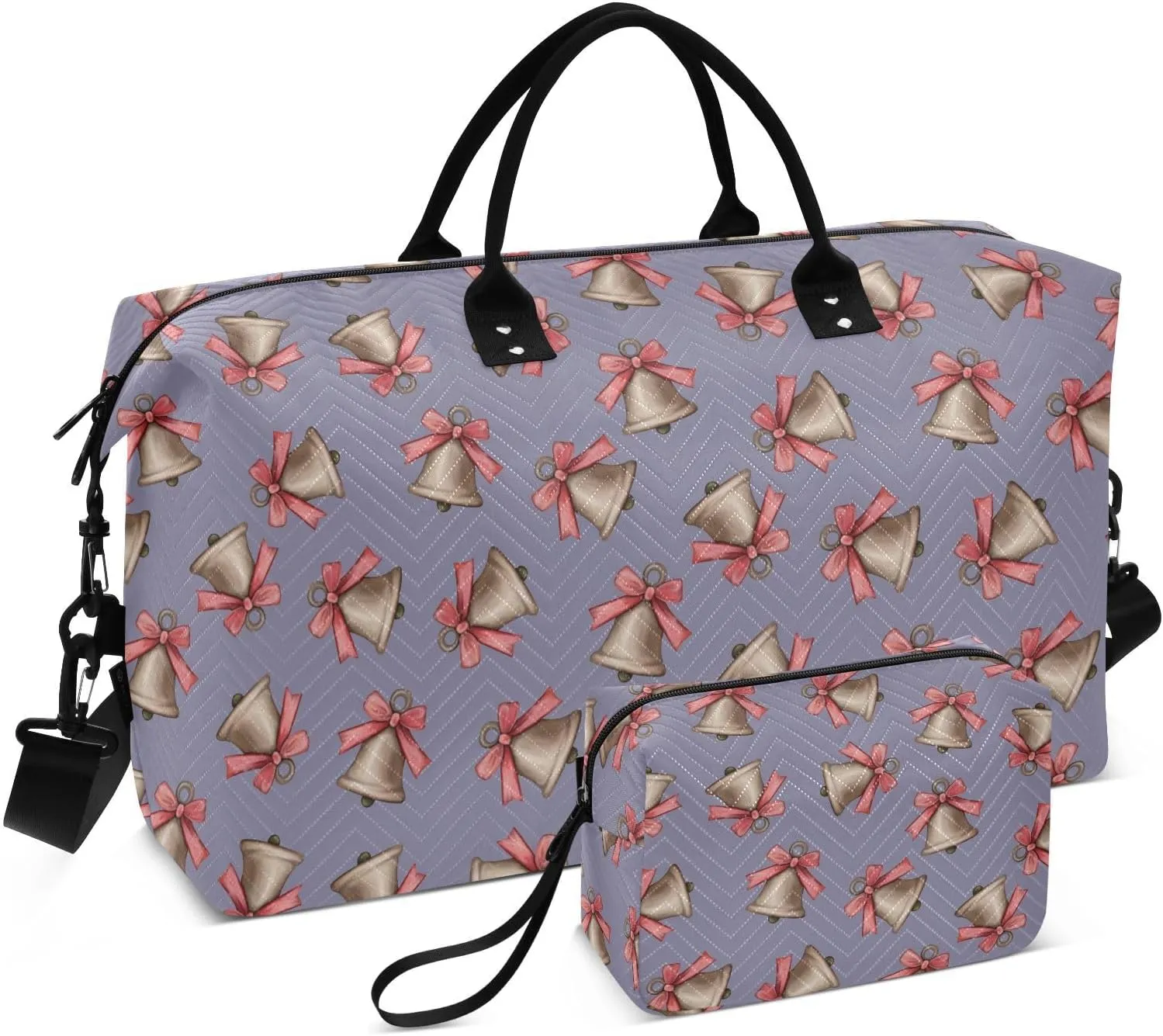 VIGTRO Travel Duffel Bag Weekender Overnight Bag with Toiletry Bag Christmas Bell and Bow Printed, Carry On Luggage Bag for Hospital Gym Travel Business, 2 Pcs Set