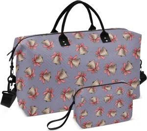 VIGTRO Travel Duffel Bag Weekender Overnight Bag with Toiletry Bag Christmas Bell and Bow Printed, Carry On Luggage Bag for Hospital Gym Travel Business, 2 Pcs Set