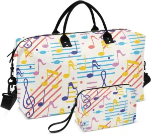 VIGTRO Travel Duffel Bag Weekender Overnight Bag with Toiletry Bag Colorful Musical Motes with Lines Printed, Carry On Luggage Bag for Hospital Gym Travel Business, 2 Pcs Set