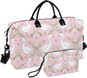 VIGTRO Travel Duffel Bag Weekender Overnight Bag with Toiletry Bag Cute Goose and Leaves Printed, Carry On Luggage Bag for Hospital Gym Travel Business, 2 Pcs Set