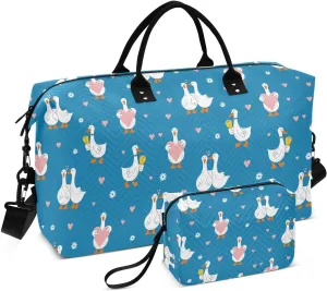 VIGTRO Travel Duffel Bag Weekender Overnight Bag with Toiletry Bag Cute Goose with Heart Printed, Carry On Luggage Bag for Hospital Gym Travel Business, 2 Pcs Set