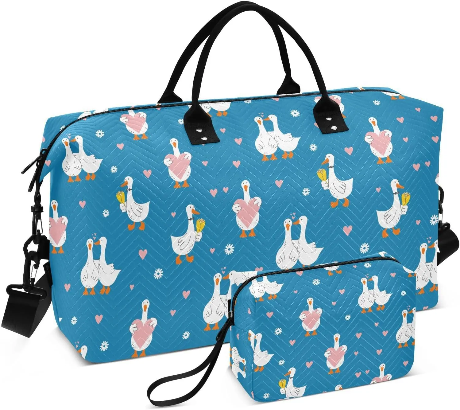 VIGTRO Travel Duffel Bag Weekender Overnight Bag with Toiletry Bag Cute Goose with Heart Printed, Carry On Luggage Bag for Hospital Gym Travel Business, 2 Pcs Set