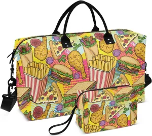 VIGTRO Travel Duffel Bag Weekender Overnight Bag with Toiletry Bag Doodle Fast Food Printed, Carry On Luggage Bag Chips Pizza Burger for Hospital Gym Travel Business, 2 Pcs Set