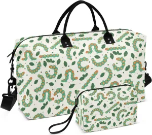 VIGTRO Travel Duffel Bag Weekender Overnight Bag with Toiletry Bag Green Caterpillar with Leaves Printed, Carry On Luggage Bag for Hospital Gym Travel Business, 2 Pcs Set