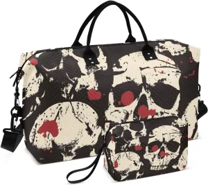 VIGTRO Travel Duffel Bag Weekender Overnight Bag with Toiletry Bag Skulls Blood Drips Printed, Carry On Luggage Bag Halloween Grunge Style for Hospital Gym Travel Business, 2 Pcs Set