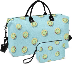 VIGTRO Travel Duffel Bag Weekender Overnight Bag with Toiletry Bag Summer Frog Lying Swim Ring Printed, Carry On Luggage Bag for Hospital Gym Travel Business, 2 Pcs Set