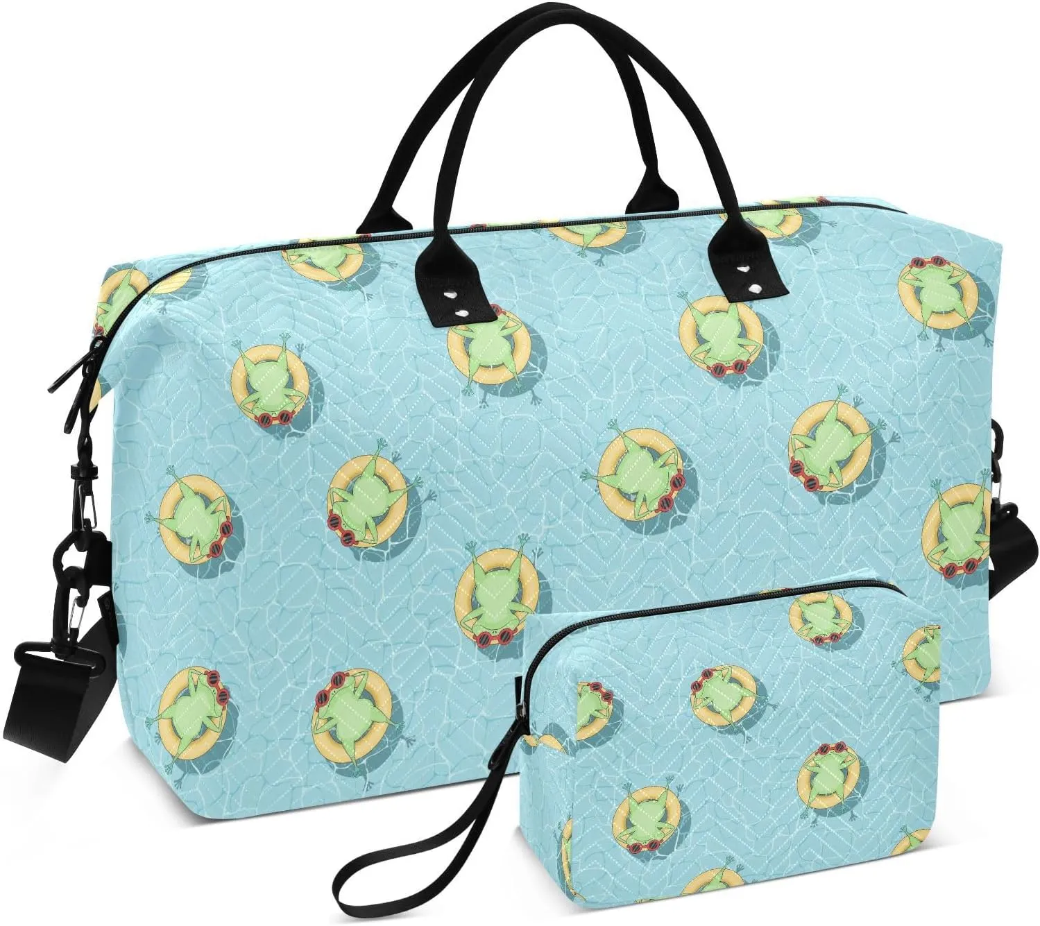 VIGTRO Travel Duffel Bag Weekender Overnight Bag with Toiletry Bag Summer Frog Lying Swim Ring Printed, Carry On Luggage Bag for Hospital Gym Travel Business, 2 Pcs Set