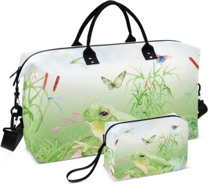 VIGTRO Travel Duffel Bag Weekender Overnight Bag with Toiletry Bag Watercolor Pond Reeds Frog Printed, Carry On Luggage Bag for Hospital Gym Travel Business, 2 Pcs Set